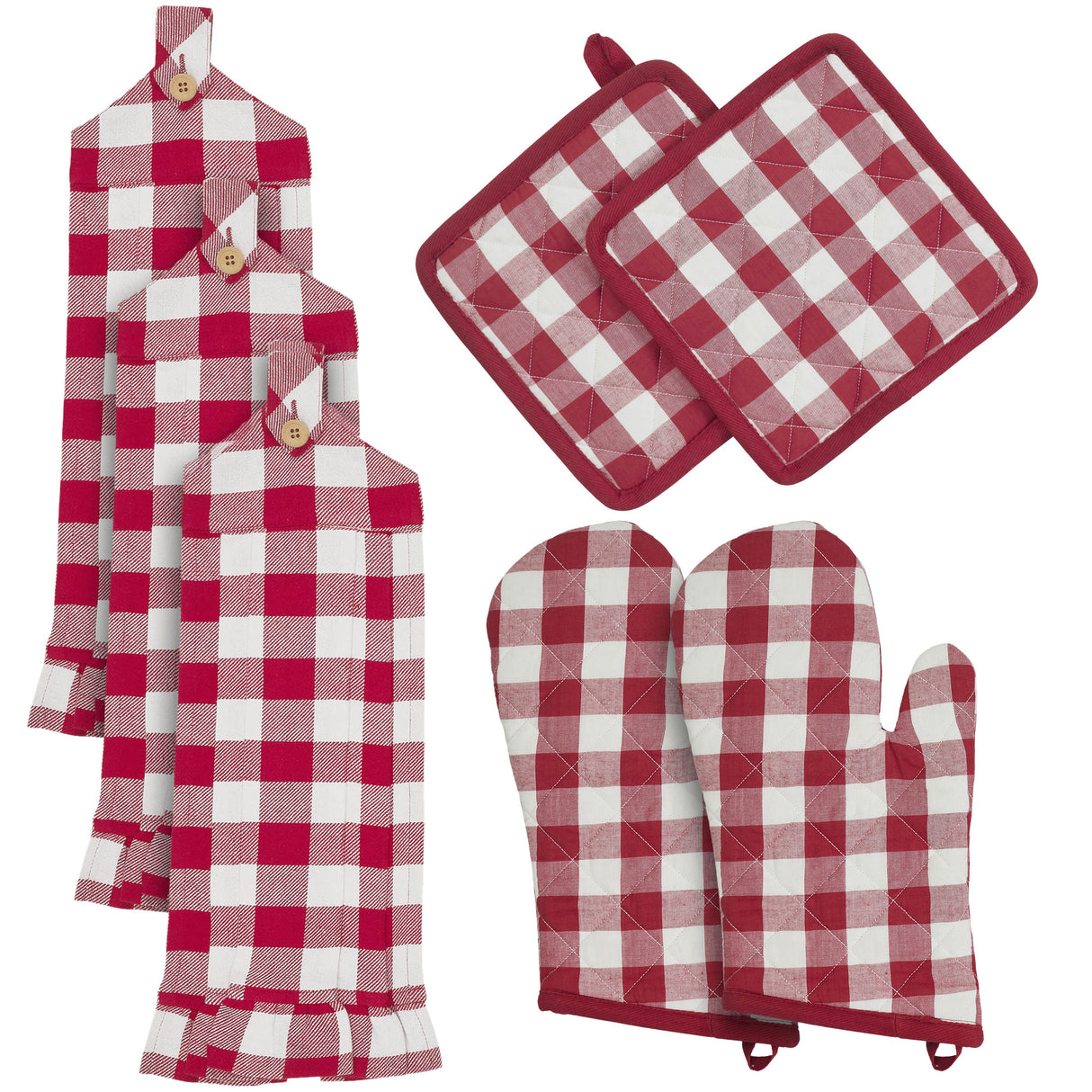VHC Brands Annie Buffalo Check Red 7PC Set 2 Oven Mitt 2 Pot Holder and 3 Tea Towels
