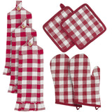 VHC Brands Annie Buffalo Check Red 7PC Set 2 Oven Mitt 2 Pot Holder and 3 Tea Towels