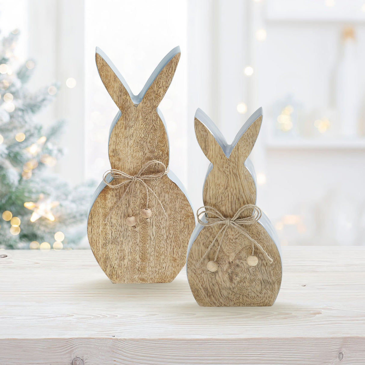 VHC Brands Spring In Bloom 2PC Spring In Bloom Wooden Enamel Edge Bunny w/ Natural Beads ,Small and Large