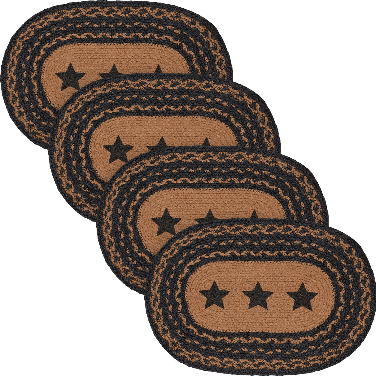 Farmhouse Star Dining Table Placemat, Braided Jute, Oval, Black Tan, 12x18, 4 Pack 4 Pack