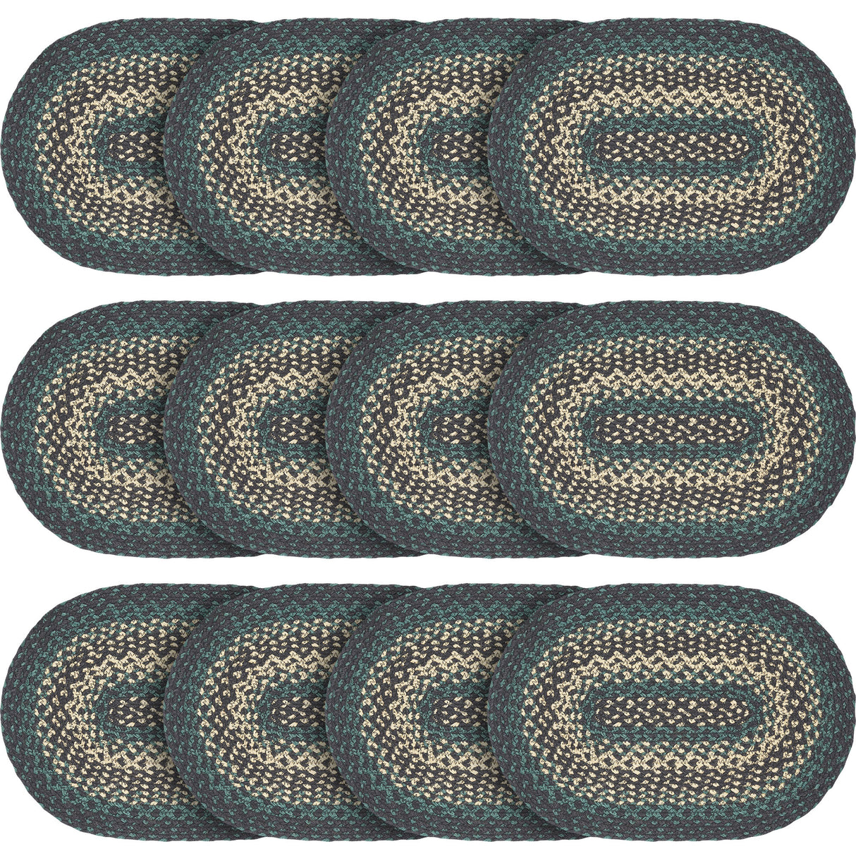 Pine Grove, Dining Table Placemat, Braided Jute, Oval, Green, 12x18, 12 Pack 12 Pack