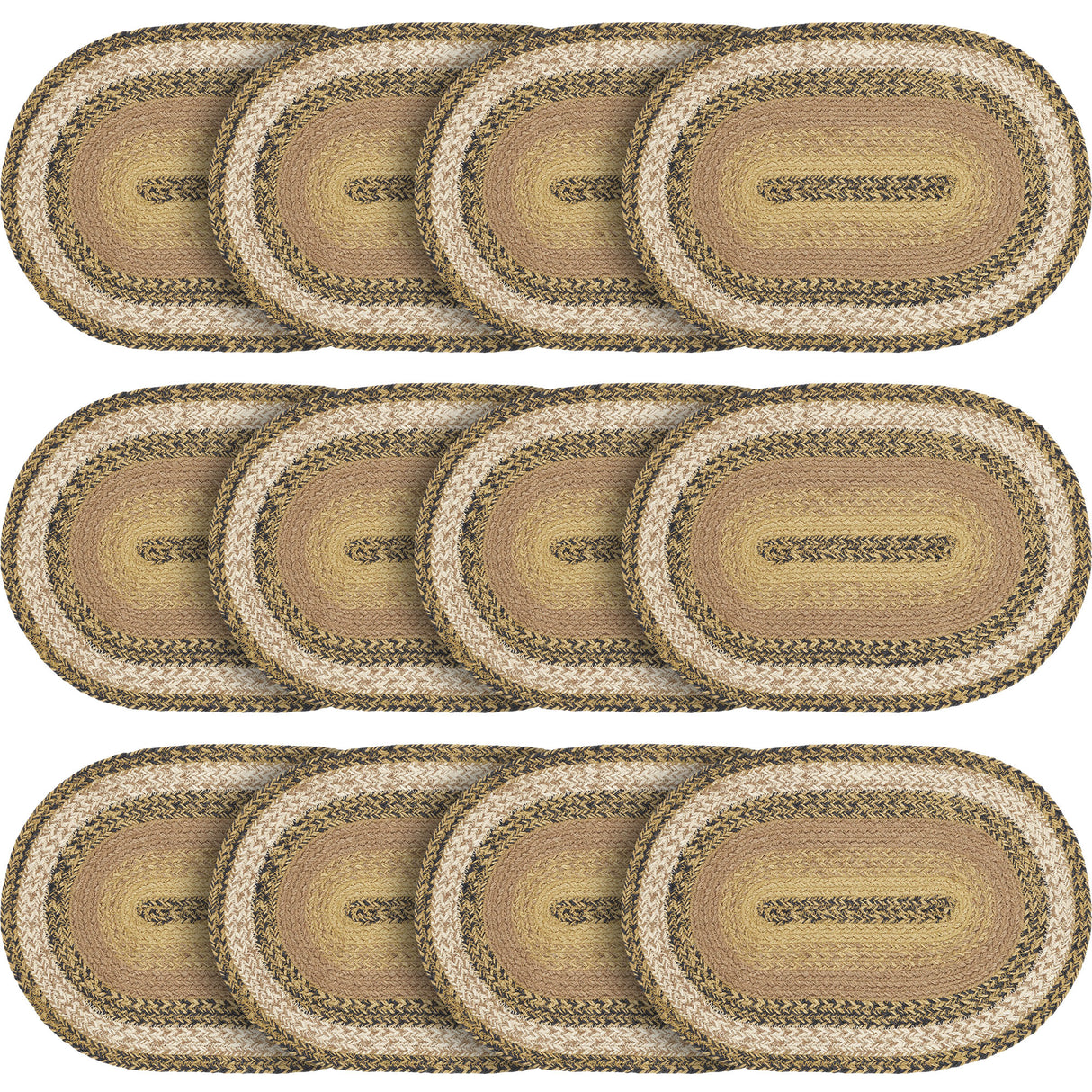 Kettle Grove, Dining Table Placemat, Braided Jute, Oval, Tan & Black, 12x18, 12 Pack 12 Pack