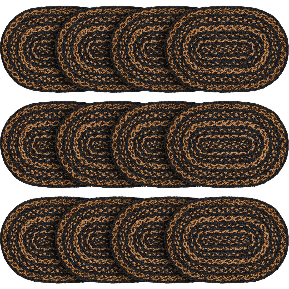 Black & Tan Dining Table Placemat, Braided Jute, Oval, Black, 10x15, 12 Pack 12 Pack