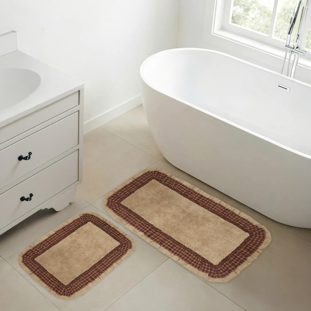 VHC Brands Burlap Natural with Burgundy Check 2pc Bathhmat Set, 20x30 and 27x48