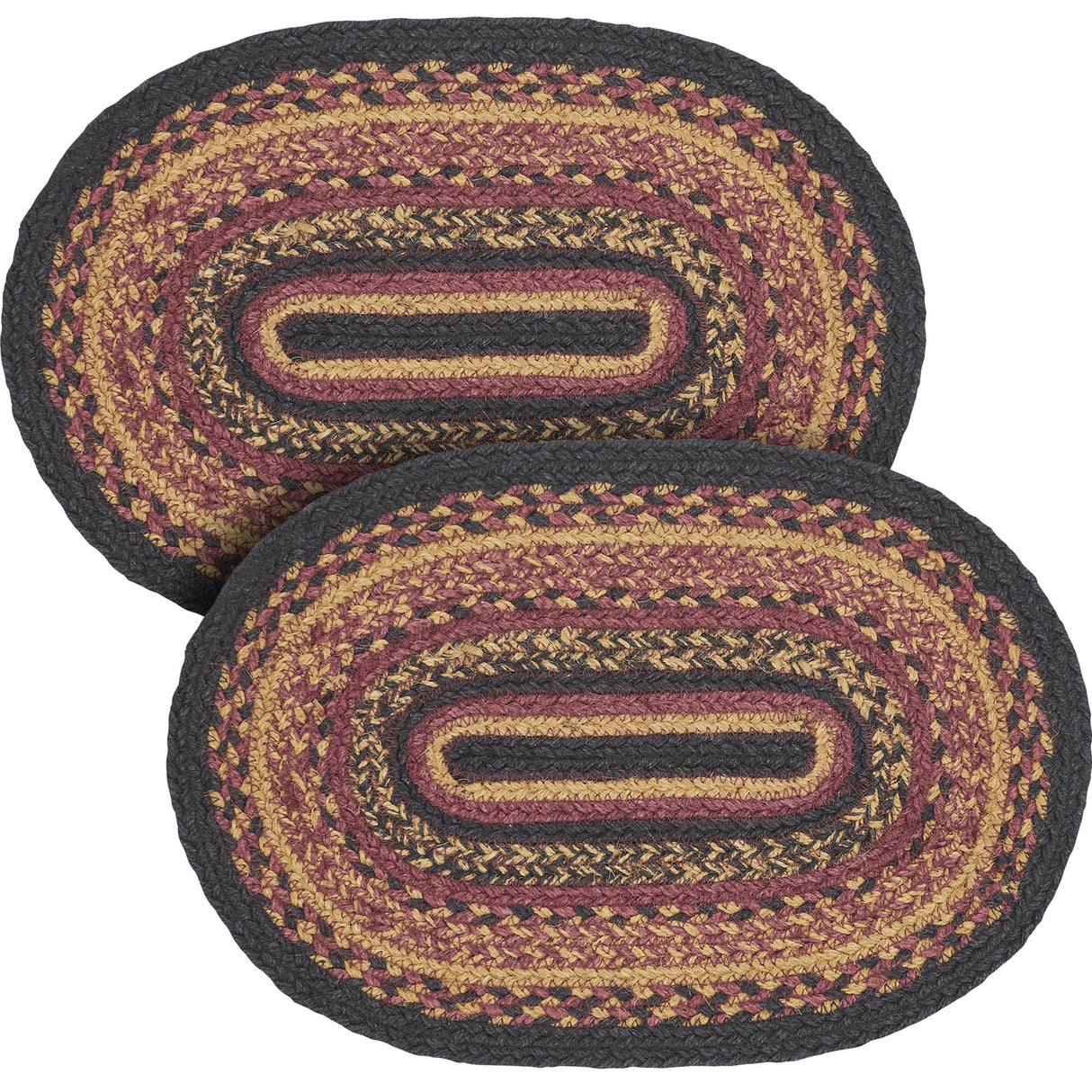 Heritage Farms Dining Table Placemat, Braided Jute, Oval, Red Black Tan. 10x15, 2 Pack
