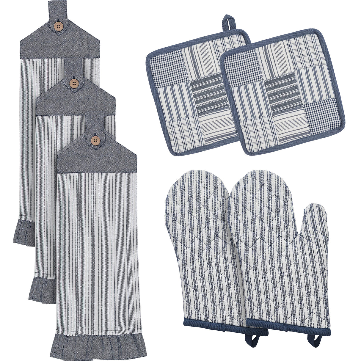 VHC Brands Sawyer Mill Blue 7PC Set 2 Oven Mitts 2 Pot Holders and 3 Tea Towels