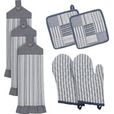 VHC Brands Sawyer Mill Blue 7PC Set 2 Oven Mitts 2 Pot Holders and 3 Tea Towels