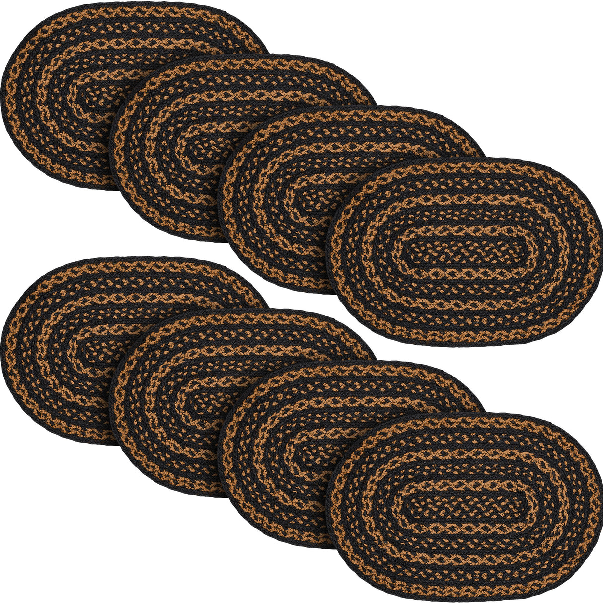 Black & Tan Dining Table Placemat, Braided Jute, Oval, Black, 12x18, 8 Pack 8 Pack