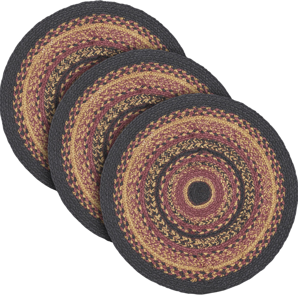 Heritage Farms, Braided Jute Mat Trivet Placemat, Round, Red Black Tan, 15 inch, Set of 3