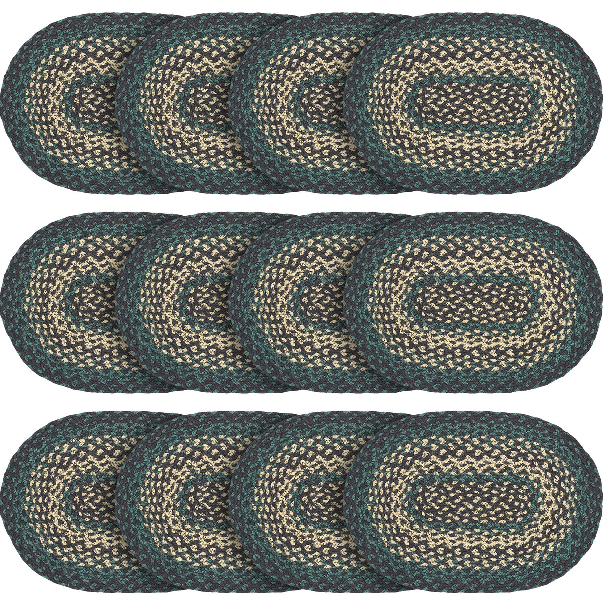 Pine Grove, Dining Table Placemat, Braided Jute, Oval, Green, 10x15, 12 Pack 12 Pack