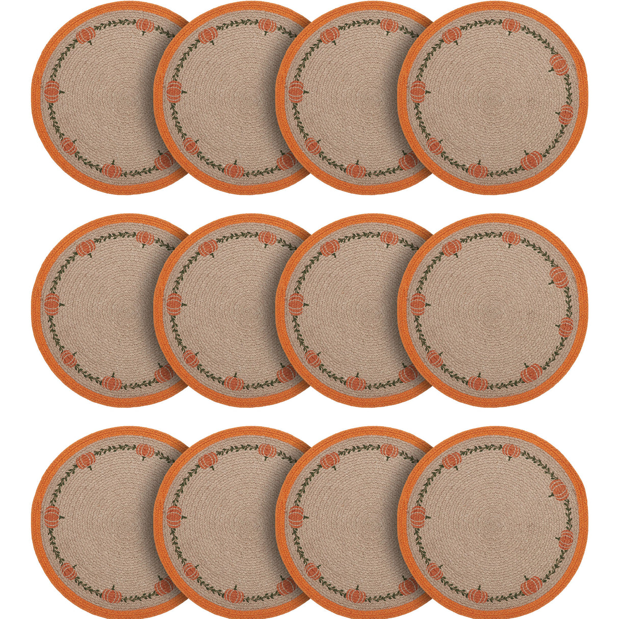 Braided Cotton Harvest Blessings Natural Stencil Pumpkin Placemat 14 inch Diameter, Decorative Fall Placemat, Table Decor for Fall and Thanksgiving, 12 Pack 12 Pack