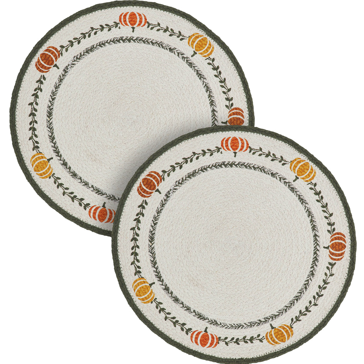 Braided Cotton Pumpkin Bounty Stencil Placemat 14 inch Diameter, Decorative Fall Placemat, Table Decor for Fall and Thanksgiving, 2 Pack