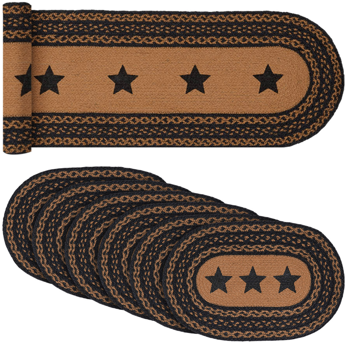 Farmhouse Star Country Black 13x72 Table Runner & 6 pc 10x15 Placemat Set