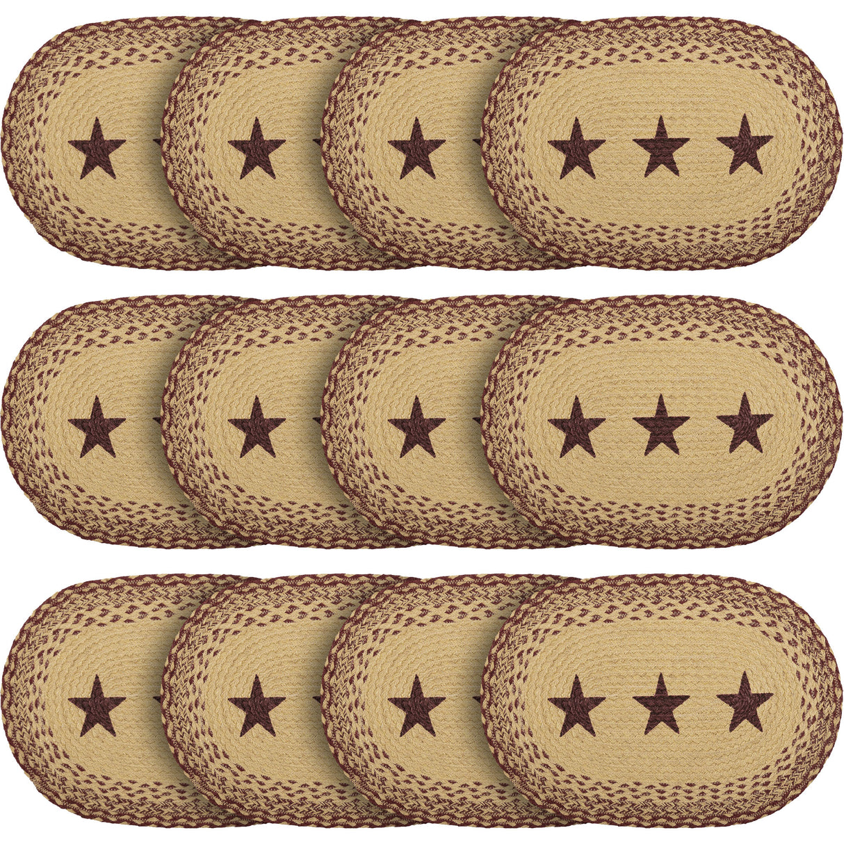 Tan Jute Star Textured Primitive Tabletop Kitchen Stenciled Oval Placemat Set of 6, 12" x 18", Burgundy Red, 12 Pack