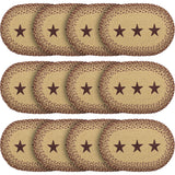 Tan Jute Star Textured Primitive Tabletop Kitchen Stenciled Oval Placemat Set of 6, 12" x 18", Burgundy Red, 12 Pack