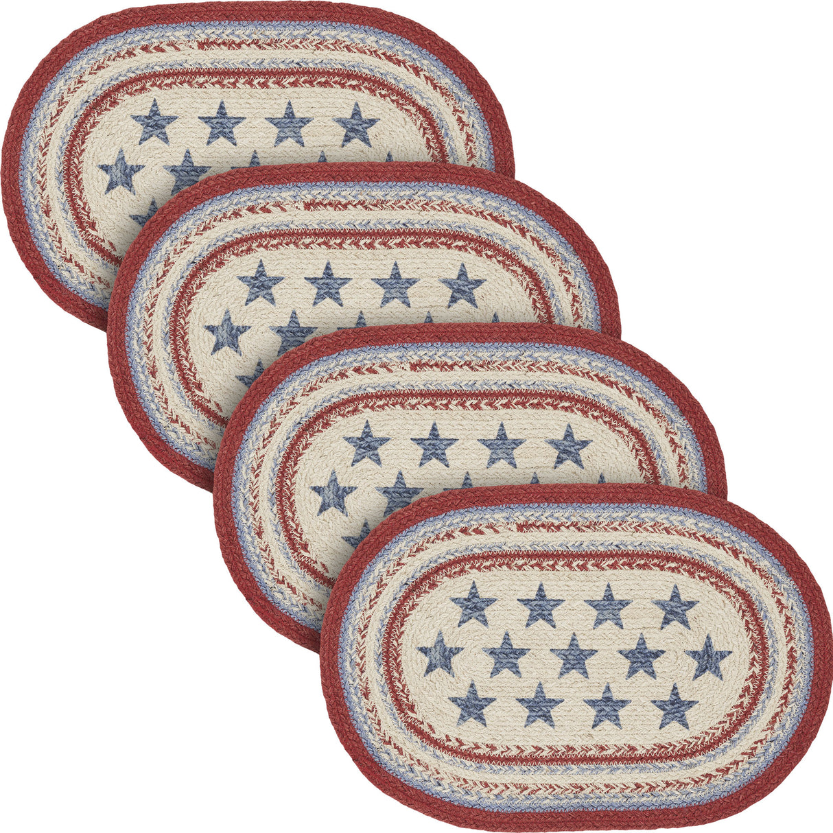 Celebration Dining Table Placemat, Braided Jute, Oval, Red Creme Blue, 12x18, 4 Pack 4 Pack