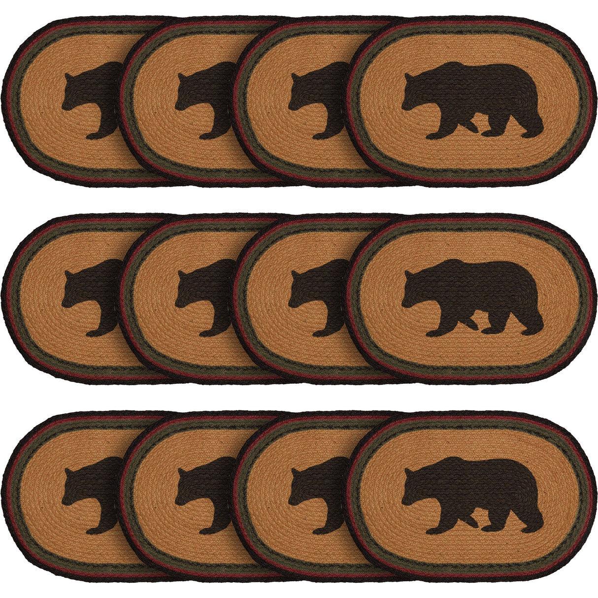 Wyatt Bear Nature Print Textured Jute Rustic Tabletop Kitchen Stenciled Oval Bedding Accessory, Placemat Set 12x18, Dark Tan, 12 Pack