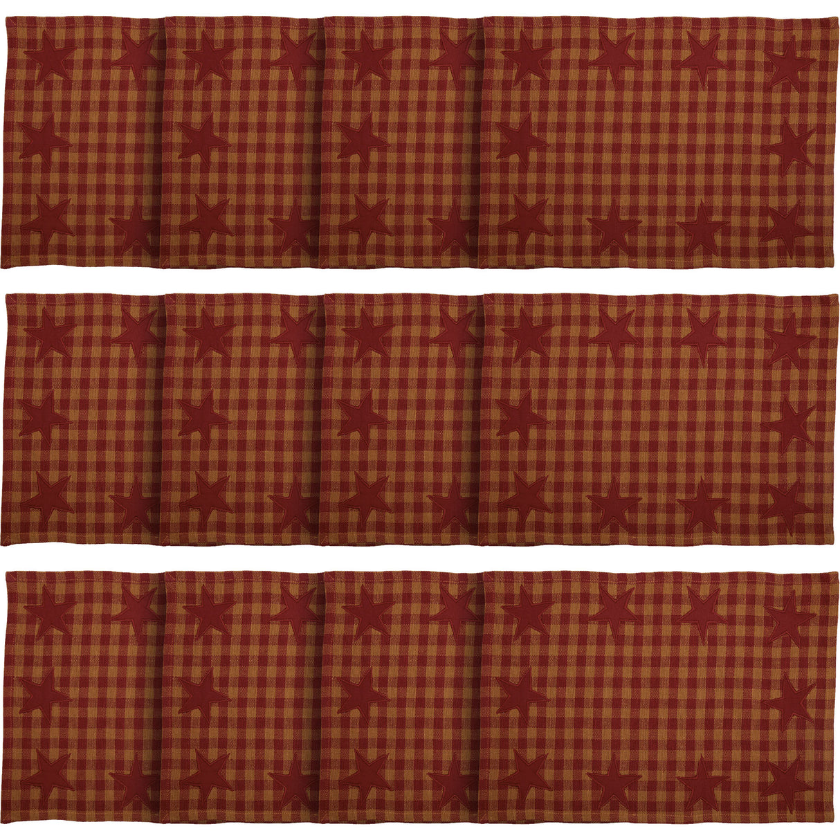 Star Cotton Primitive Tabletop Kitchen Appliqued Placemat Set of 6, Burgundy Red, 12 Pack