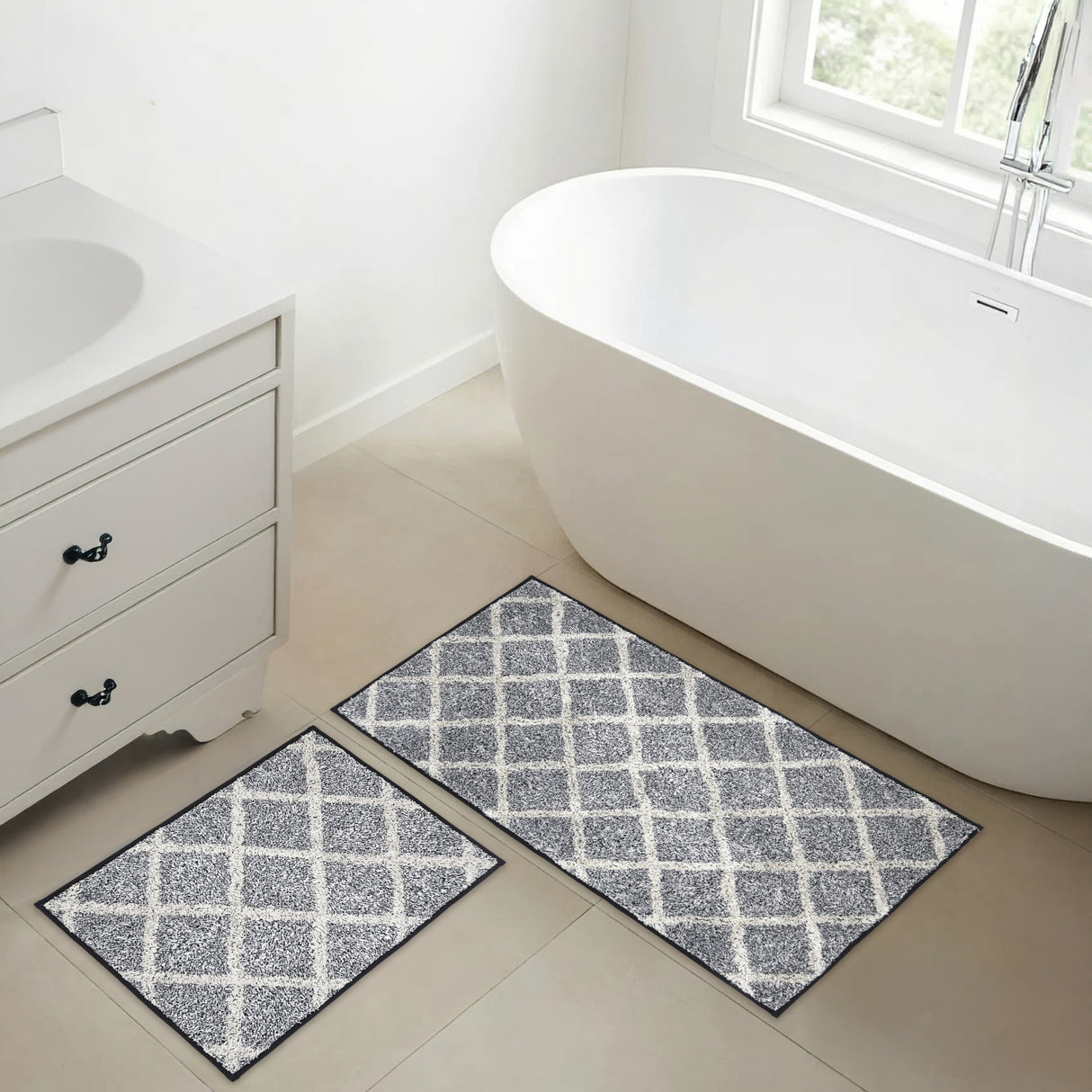 VHC Brands Frayed Lattice Denim Grey 2pc Bathhmat Set, 20x30 and 27x48