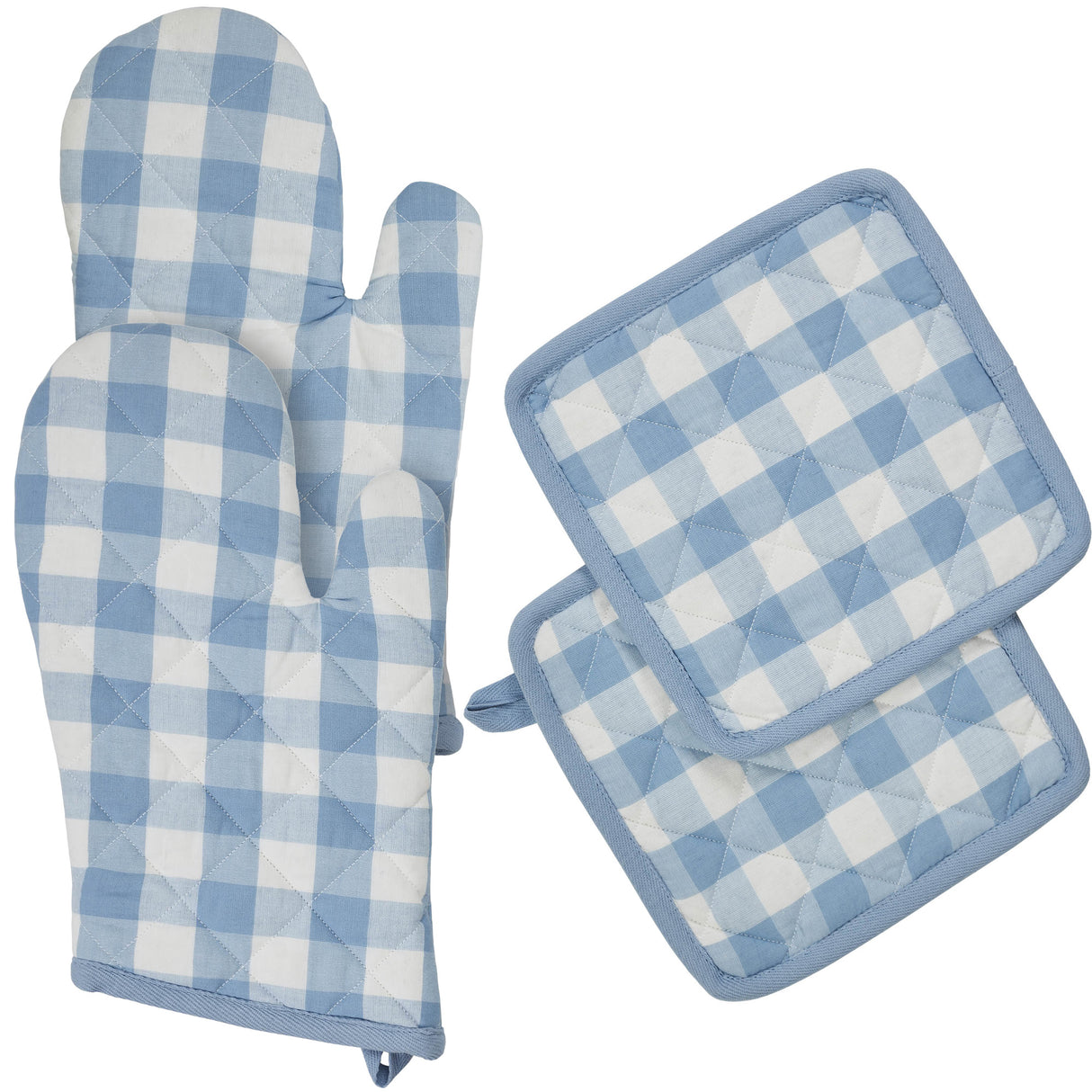 VHC Brands Annie Buffalo Check Blue 4PC Set 2 Oven Mitts and 2 Pot Holders