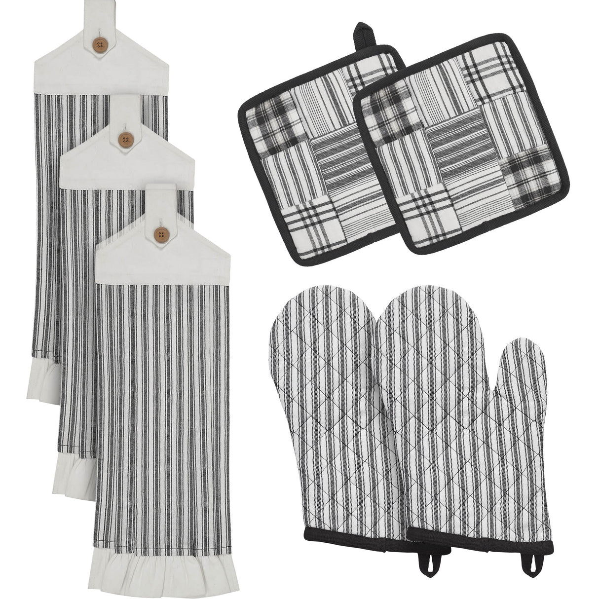 VHC Brands Sawyer Mill Black 7PC Set 2 Oven Mitts 2 Pot Holders and 3 Tea Towels