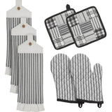 VHC Brands Sawyer Mill Black 7PC Set 2 Oven Mitts 2 Pot Holders and 3 Tea Towels