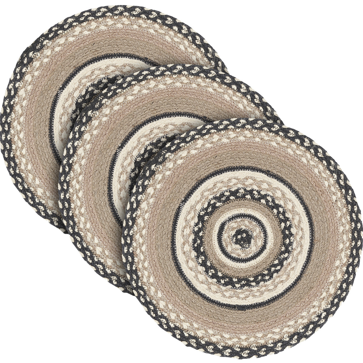 Sawyer Mill, Braided Jute Mat Trivet Placemat, Round, Charcoal Creme, 15 inch, Set of 3