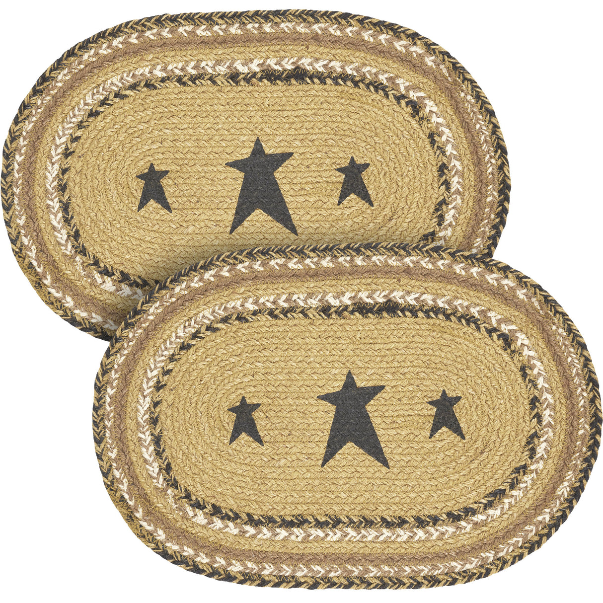 Kettle Grove, Dining Table Placemat, Braided Jute, Stars, Oval, Tan & Black, 10x15, 2 Pack