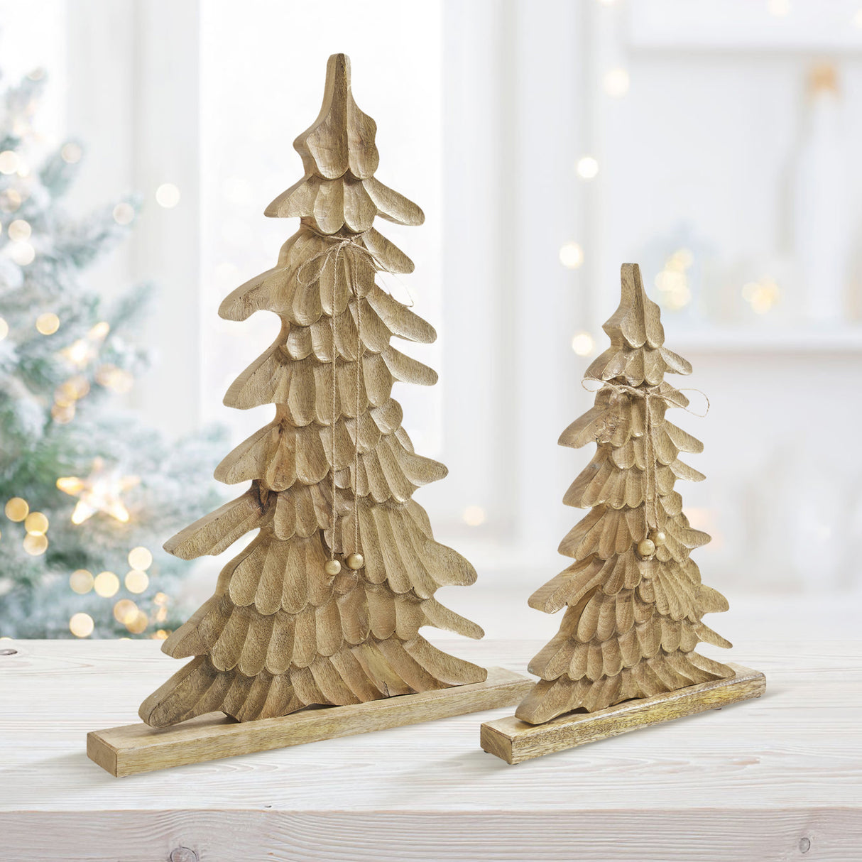 VHC Brands 2PC Winter Wonder Brushed Gold Wooden Tree ,Small and Large