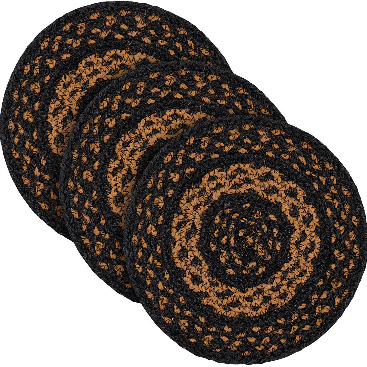 Black & Tan Braided Jute Mat Trivet Placemat, Round, Black, 15 inch, Set of 3