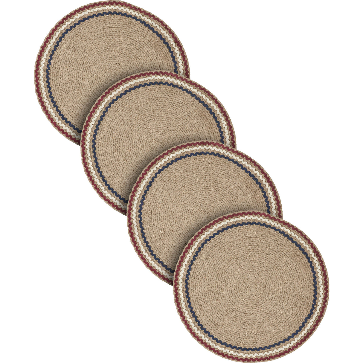 Patriotic Red Blue Ric Rac Placemat 14 Inch Diameter, Round, Primitive Fourth of July Place Mat, Independence Day Tabletop Decor, 4 Pack 4 Pack