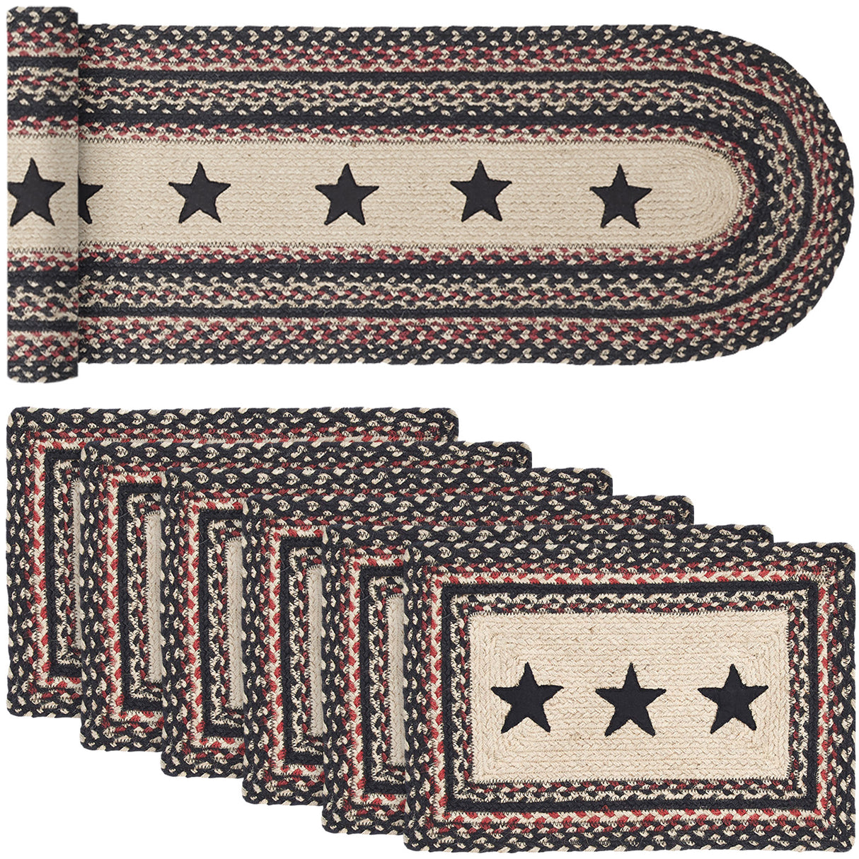 Colonial Star Country Black 13x72 Table Runner & 6 pc 10x15 Rect Placemat Set