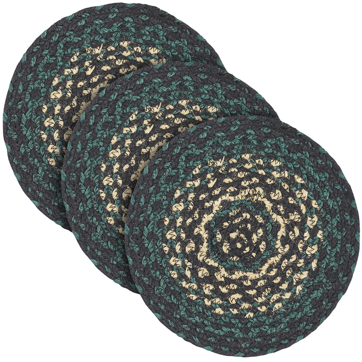 Pine Grove, Braided Jute Mat Trivet Placemat, Round, Green, 8 inch, Set of 3