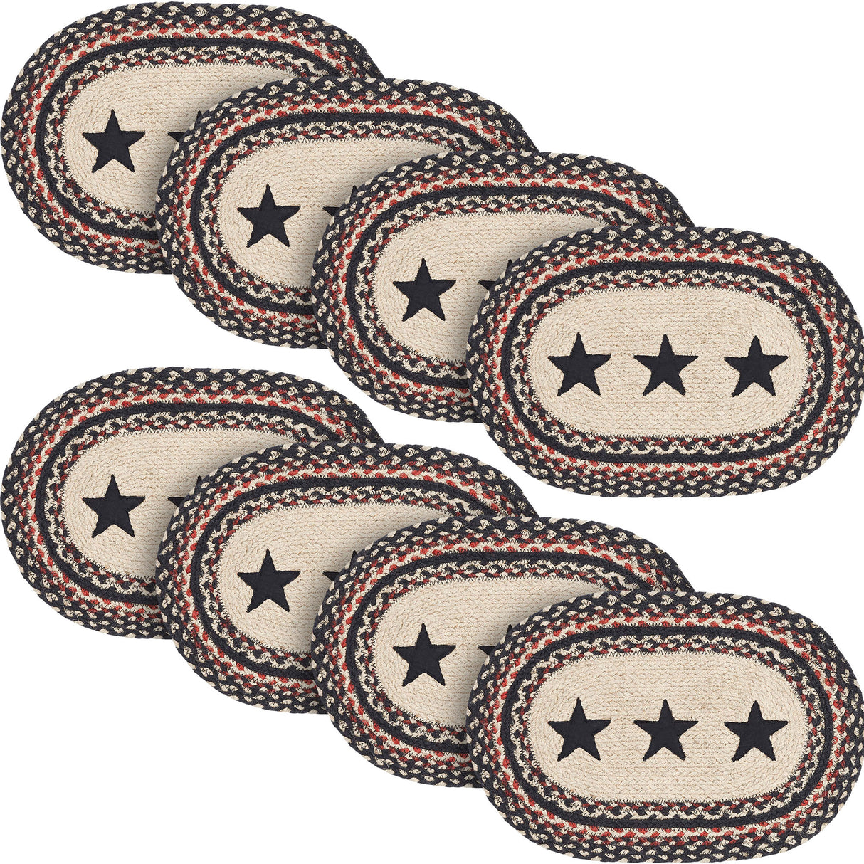 Primitive Colonial Star Table Placemat, Tan Black Red, Jute Blend, Oval, 10x15 Inches, 8 Pack 8 Pack