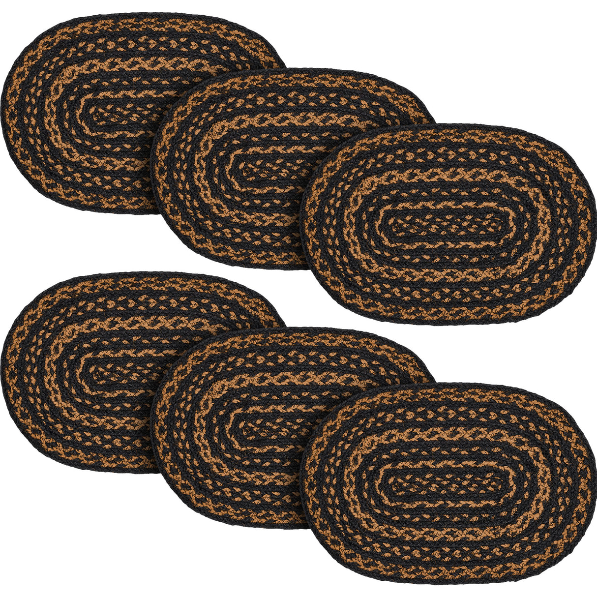 Black & Tan Dining Table Placemat, Braided Jute, Oval, Black, 10x15, 6 Pack 6 Pack