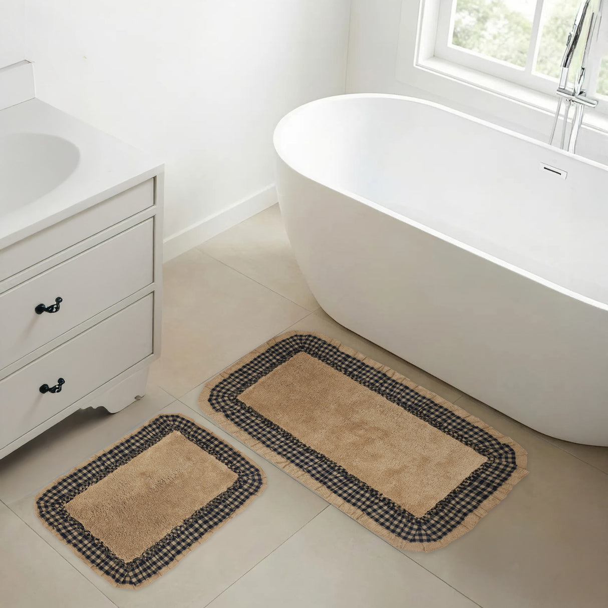 VHC Brands Burlap Natural with Black Check 2pc Bathhmat Set, 20x30 and 27x48