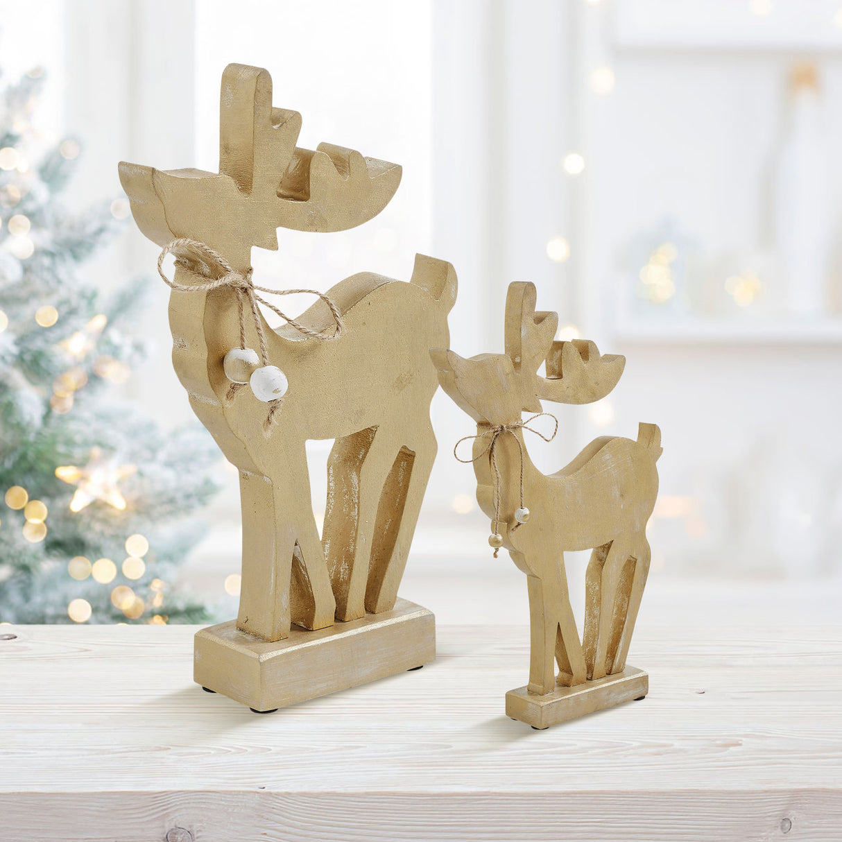 VHC Brands 2PC Pretty Prancer Brushed Gold Wooden Deer ,Small and Large