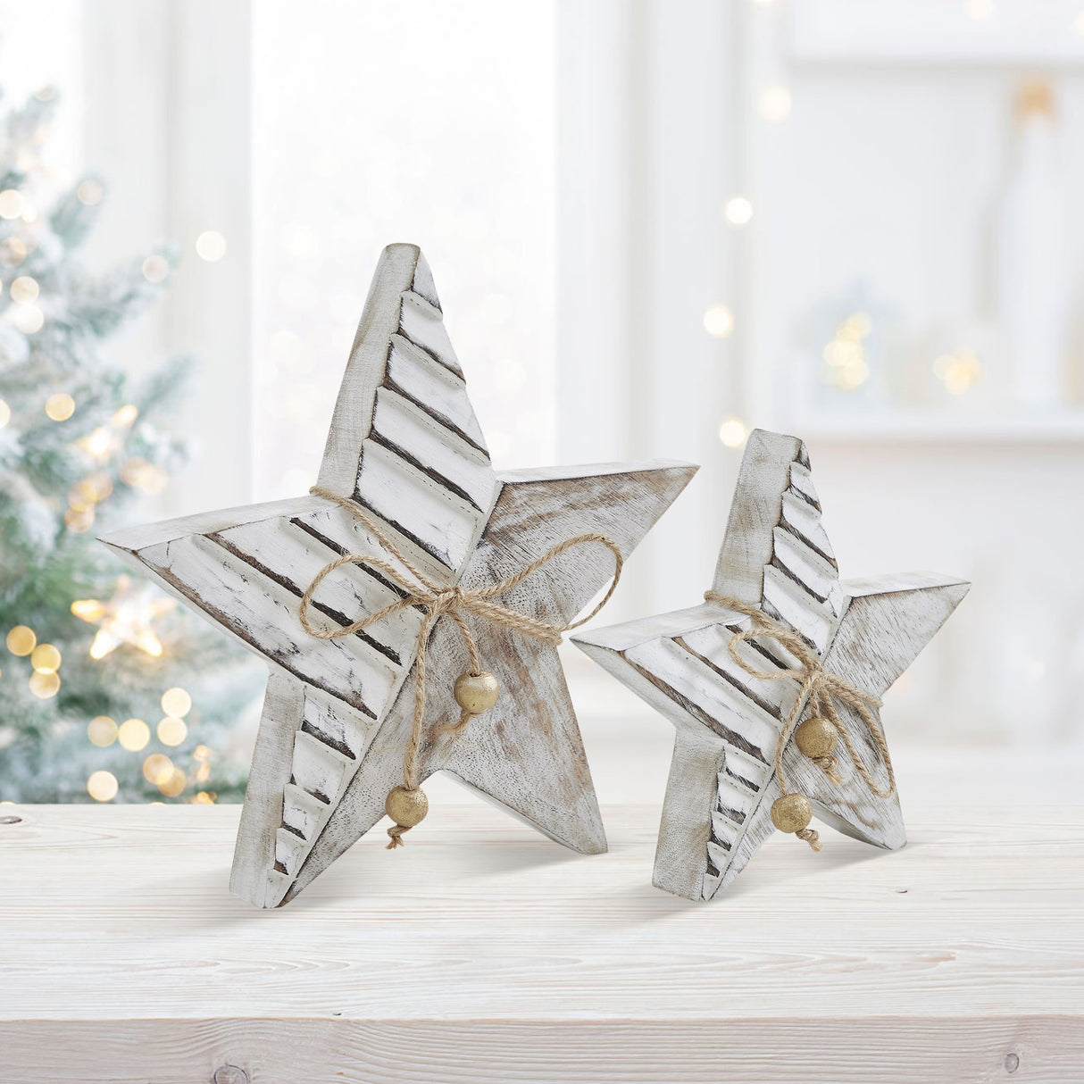 VHC Brands 2PC Winter Wonderland Distressed White Wooden Star ,Small and Large