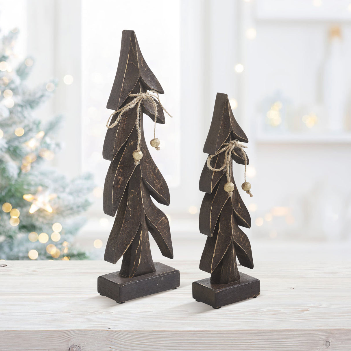 VHC Brands 2PC Festive Boughs Dark Wooden Tree ,Small and Large