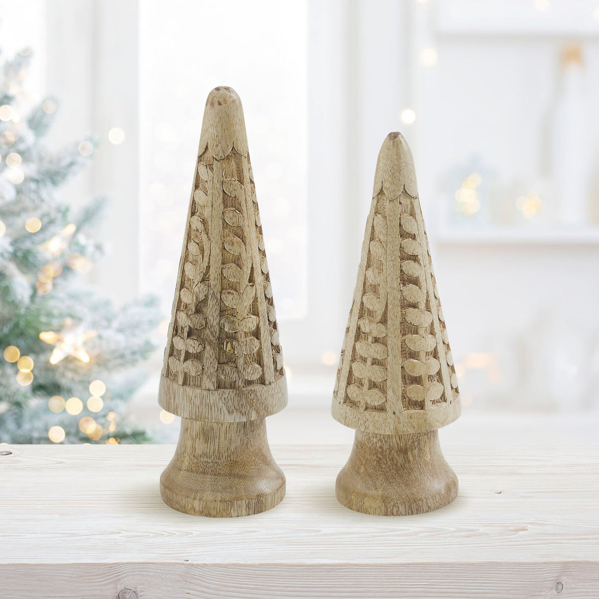 VHC Brands 3PC Natural Wooden Carved Cone Tree ,Small Meduim and Large