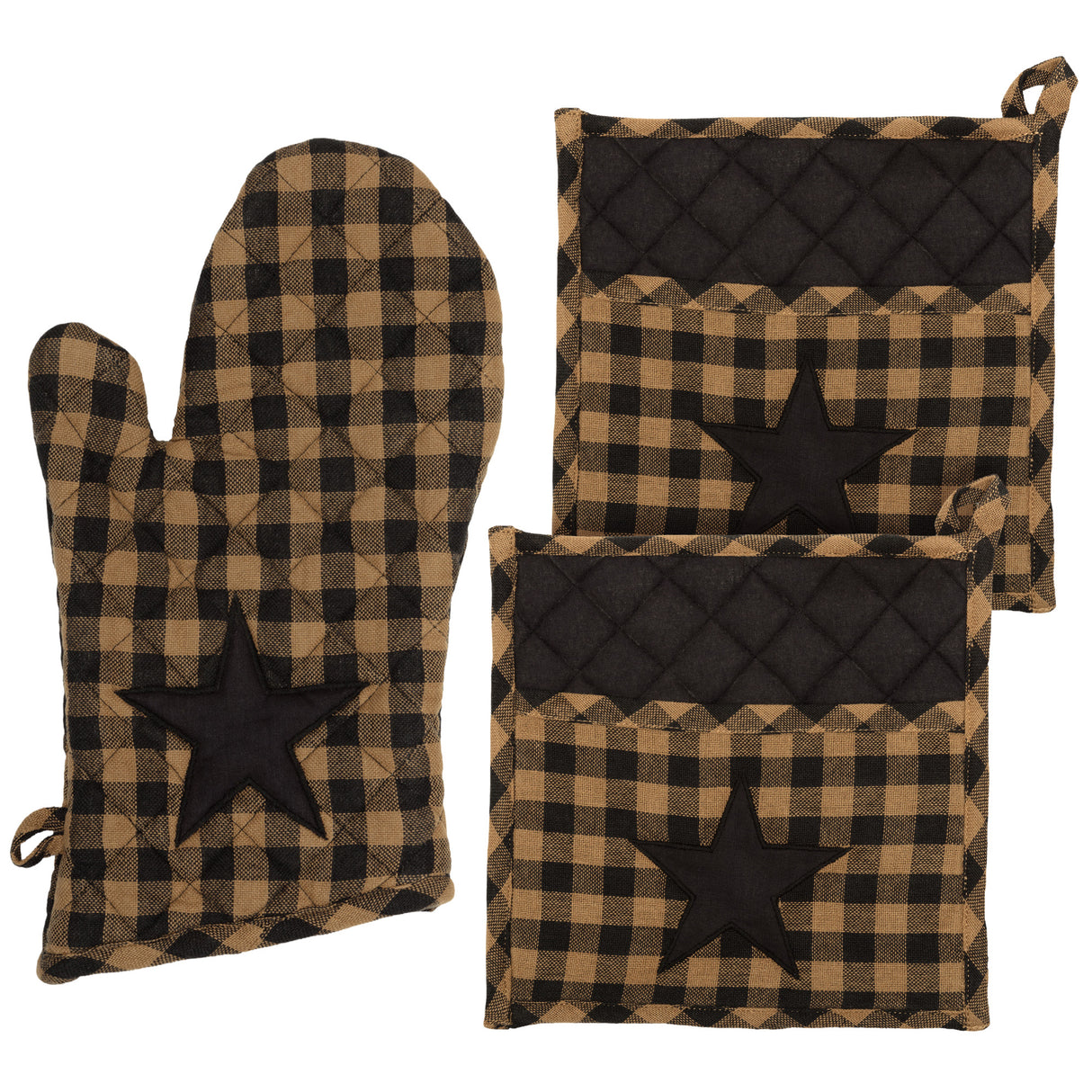 VHC Brands Black Star 3PC Set Oven Mitt and 2 Pot Holders