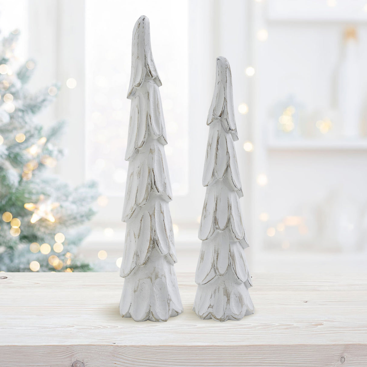 VHC Brands 2PC Distress White Wooden Cone Tree ,Small and Large