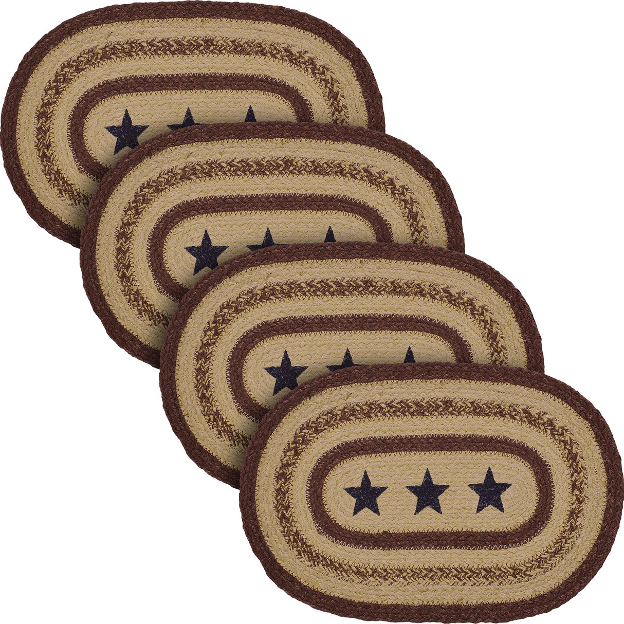 Potomac, Dining Table Placemat, Braided Jute, Oval, Stars, Red Blue Tan, 10x15, 4 Pack 4 Pack