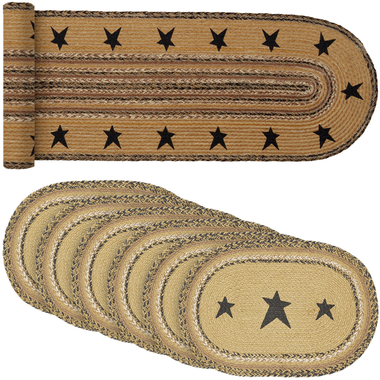 Kettle Grove Star Jute Natural 13x72 Table Runner & 6 pc 12x18 Placemat Set