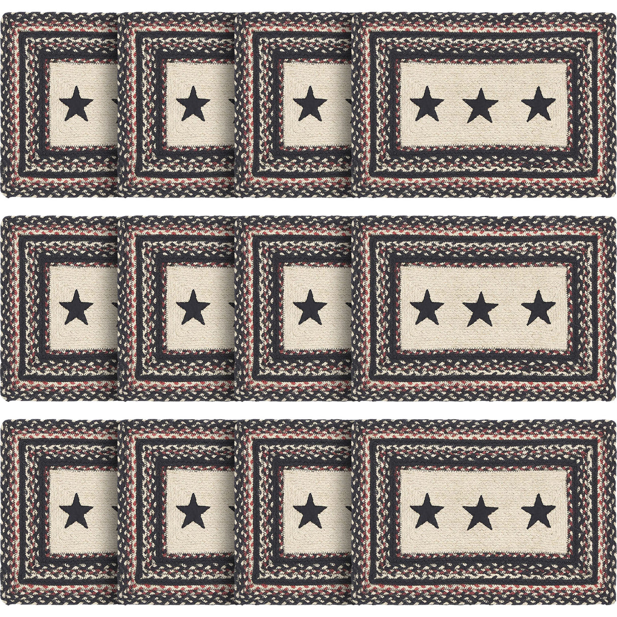 Primitive Colonial Star Table Placemat, Tan Black Red, Jute Blend, Rectangle, 12x18 Inches, 12 Pack 12 Pack
