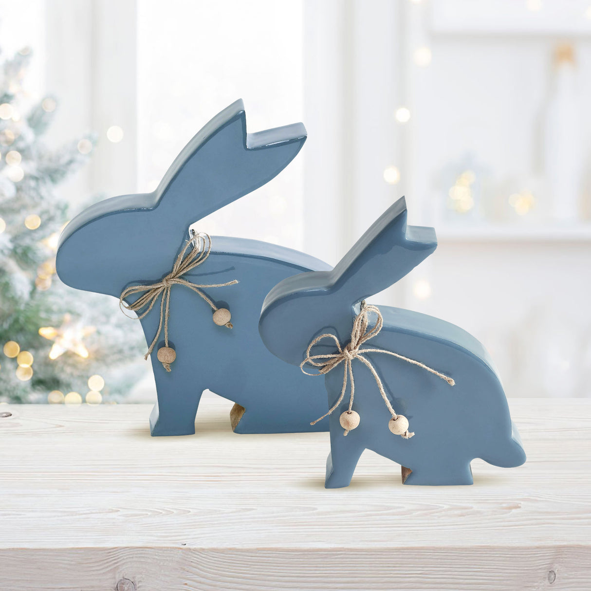 VHC Brands Bunny Hop 2PC Bunny Hop Wooden Enamel Bunny w/ Natural Beads ,Small and Large