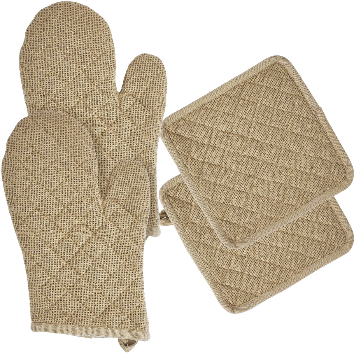 VHC Brands Burlap Natural 4PC Set 2 Oven Mitts and 2 Pot Holders