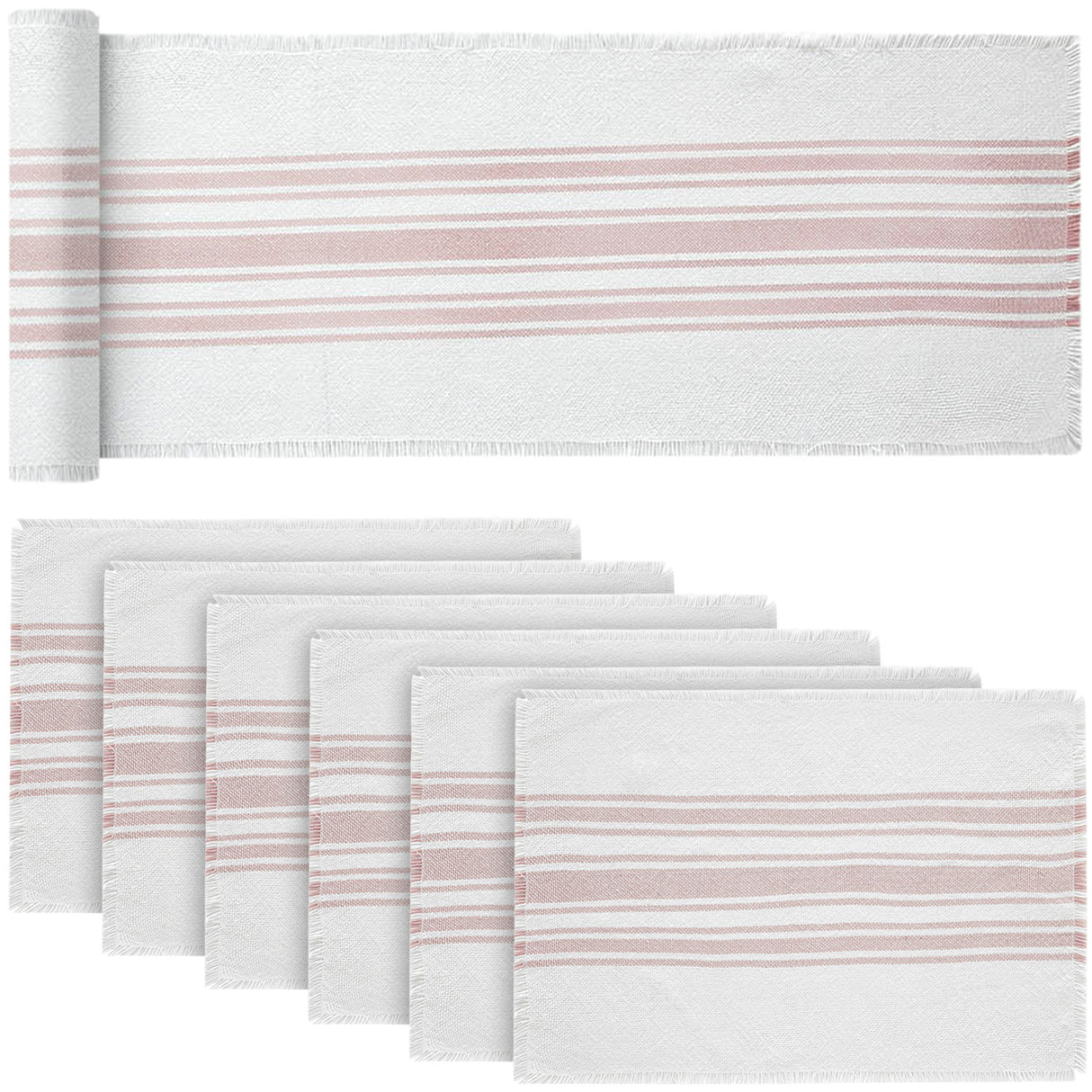 Antique White Stripe Coral 12x72 Table Runner & 6 pc 13x19 Placemat Set