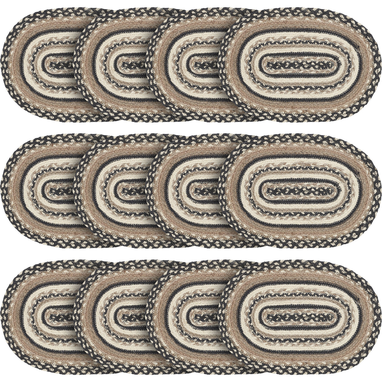 Sawyer Mill, Dining Table Placemat, Braided Jute, Oval, Charcoal Creme, 10x15, 12 Pack 12 Pack