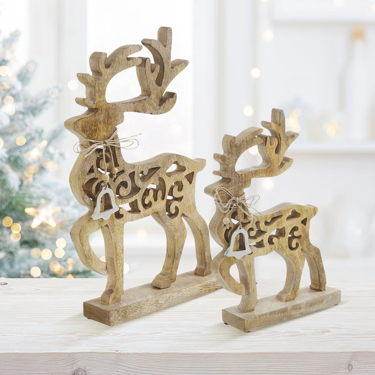VHC Brands 2PC Ornate Prancer Wooden Reindeer ,Small and Large
